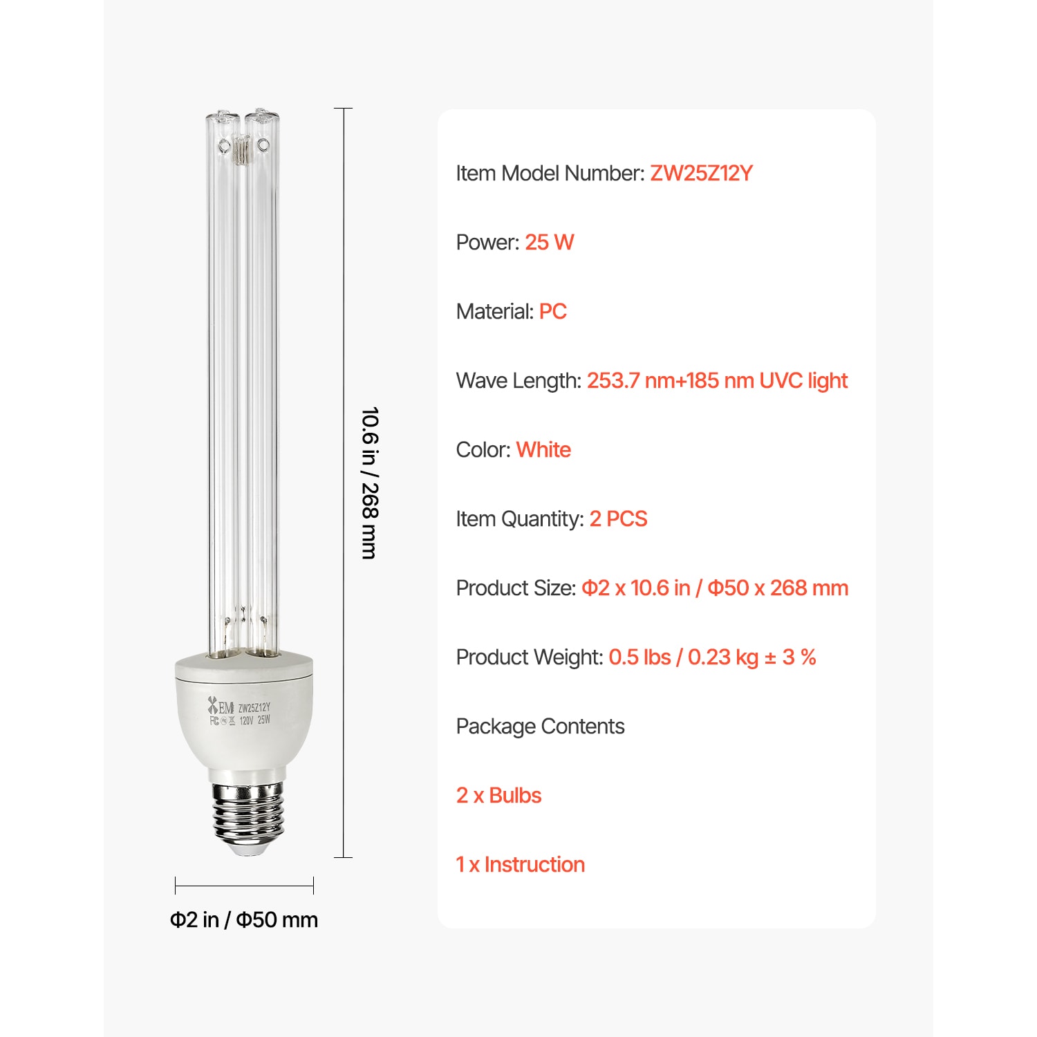UV Light Bulb 2 Pack 25W Replacement Ultraviolet UVC Lamp With Ozone UVO Bulb_voghion.com